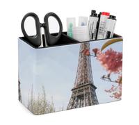 Lether Pen Holder for Desk, Paris Eiffel Tower Flower Pencil Holder Organizers for Desktop, Pencil Cup Stationery Organizer for Office Desk Accessory, Square Makeup Brush Srotage Box Pencil Caddy