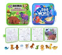 Lethra 2PCS Mess Free Water Painting Book, Reusable Water Colouring Books with Water Pens, Magic Aqua Art Water Drawing Kit Water Paint Color Book for Kids Boys Girls (Animal + Underwater World)