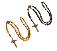 Lethra Catholic Cross Rosary Necklace 2PCS, 60cm Necklace Natural Wood Prayer Beads with Crucifix, for Catholic Men Meditation Communion Mass Baptism Bible Daily Wear (Brown and Yellow)