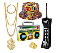 Letienti 80s 90s Hip Hop Costume Kit for Adults, Rapper Fancy Dress Accessories Set with Bucket Hat, Boombox, Mobile Phone, Gold Dollar Chain, Bracelet and Ring for Retro Party Halloween