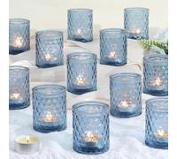 LETINE 12 PCS Tea Light Candle Holders, Blue Tealight Holders Votive Candle Holder, Glass Tea Light Holders for Wedding Decor Table Decorations Centrepiece Baby Shower