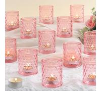 LETINE 12 PCS Tea Light Candle Holders, Pink Tealight Holders Votive Candle Holder, Glass Tea Light Holders for Wedding Decor Table Decorations Centrepiece Ramadan Decorations