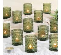 LETINE 12 PCS Tealight Candle Holders, Green Votive Candle Holder for Christmas, Glass Tea Light Candle Holders for Dinner, Wedding, Celebration, New Year, Table Centrepiece