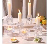 LETINE 6 Packs Taper Candle Holders, Clear Glass Candlestick Holders, Candle Sticks Tea Light Candle Holders for Dinner Wedding Christmas Table Centrepiece