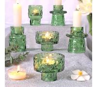 LETINE 6 Packs Taper Candle Holders, Green Glass Candlestick Holders, Candle Sticks Tea Light Candle Holders for Dinner Wedding Christmas Table Centrepiece