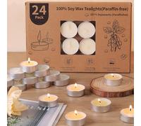 LETINE Soywax Tea Lights Candles Bulk 24 Pack, 4 Hour White Tea Lights Long Burning, Unscented Paraffin-Free Tealights for Wedding, Home Decor Party Centerpieces, Emergency Use