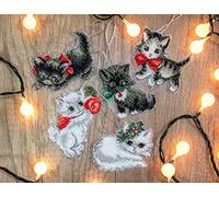 Letistitch Cross Stitch Set, Christmas Toy Kit, Kittens, Set of 5, Counted Pattern, 8 x 7 cm