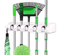 LETMY Broom Holder Wall Mount - Mop and Broom Hanger Holder - Garage Storage Rack & Garden Tool Organizer - 5 Position 6 Hooks Broom Rack for Home, kitchen, Garden, Tools, Garage Organization - White