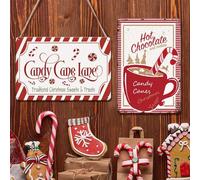 Letnspk 2 Pieces Vintage Christmas Signs - Hot Cocoa and Candy Cane Lane - 12 x 8 Inches - Tin Material - Wall Mount - 21 x 8 Inches