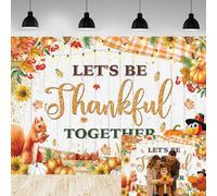 Let's Be Thankful Together Backdrop Thanksgiving Fall Pumpkin Turkey Squirrel White Wooden Photography Background Autumn Harvest Friendsgiving Party Decorations Photo Booth Props 8x6FT