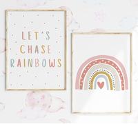 Lets Chase Rainbows Set of 2 Unframed Poster Prints For Girls Nursery Bedroom Playroom, Boho Rainbow Girls Nursery Decor, Rainbow Polka Dot Wall Art, Girls Bedroom Prints, Pastel Pink Gold (A4)