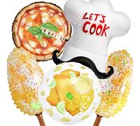 Let's Cook Food Balloons Set - 5pcs Chef Hat, Pizza, Fish Chips Corn Foil Balloons, Little Chef Cooking BBQ Birthday Party Decorations, Jumbo Mylar Balloon Kit