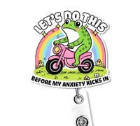Let's Do This Before My Anxiety Kicks in Badge Reel - Funny Frog on Motorcycle Retractable ID Card Holder with Clip - Cute Mental Health Awareness Nurse Badge Reel, Sarcastic Work Humor Accessory