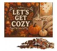 Lets Get Cozy Fall Illustration Adult Wooden Jigsaw Puzzle 500 Pieces | Christmas puzzle gift for adults: tabletop activity for adults.