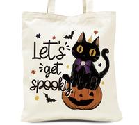 Let's Get Spooky Halloween Tote Bags Trick or Treat Party Supplies Halloween Canvas Bags Reusable Grocery Bag Black Cat Pumpkin Candy Tote Multipurpose Portable Holiday Party Gift Bag for Girls-12