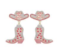 Let's Go, Girl. Cowboy Earrings,Western Boots and Hat Earrings,Urban Sexy Women's Accessories,Pink Diamond Earrings,Versatile and Fashionable Zinc Alloy Earrings