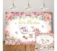 Let's Partea Party Backdrop Tea Party Photography Backdrops Spring Pink Floral Girls Women Birthday Baby Shower Afternoon Tea Time Cake Table Decorations Background (6x4FT: 72x48 inch)