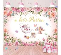 Let's Partea Party Backdrop Tea Party Photography Backdrops Spring Pink Floral Girls Women Birthday Baby Shower Afternoon Tea Time Cake Table Decorations Background (8x6FT: 96x72 inch)