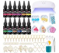 LET'S RESIN 12 Coloured UV Resin Kit with Light, Keychain Moulds, Bezels