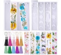LET'S RESIN Bookmark Resin Moulds Silicone 1.5'' Wide, Blank and Cat Moon Pattern Silicone Bookmark Moulds Kit with 20pcs Tassels, Rectangle Bookmark Moulds for Epoxy Resin Casting Crafts