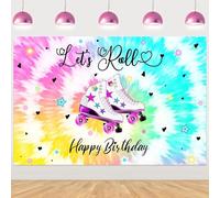 Let's Roll Happy Birthday Backdrop Banner Rainbow Glow Party Decor for 80s 90s Birthday Roller Skating Party Supplies