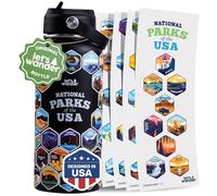 LET'S WANDER Original Lets Wander National Parks Water Bottle with 63 Waterproof Stickers, Stainless Steel Leakproof Insulated with Straw - Gift Idea - Black