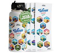 LET'S WANDER World Explorer Adventure Water Bottle with 50 Waterproof Stickers - 32oz Leakproof Insulated Stainless Steel with Straw - Travel Goal Gift Bottle (White)