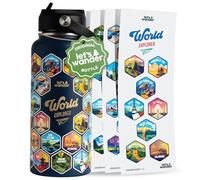 LET'S WANDER World Explorer Adventure Water Bottle with 50 Waterproof Stickers - 32oz Leakproof Insulated Stainless Steel with Straw - Travel Goal Gift Bottle (Blue)