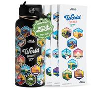 LET'S WANDER World Explorer Adventure Water Bottle with 50 Waterproof Stickers - 32oz Leakproof Insulated Stainless Steel with Straw - Travel Goal Gift Bottle (Black)