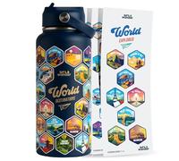 LET'S WANDER World Water Bottle with 2 Sets of 50 Waterproof Stickers - 32oz Leakproof Insulated Stainless Steel with Straw - Travel Gift Bottle (Tidal Blue)