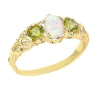 LetsBuyGold Ladies Solid 14ct Yellow Gold Natural Opal & Peridot English Victorian Trilogy Ring - Size M