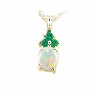 LetsBuyGold Luxury Ladies Solid White 9ct Gold Natural Opal and Emerald Contemporary Pendant Necklace with 16" Chain
