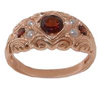 LetsBuyGold Solid 9ct Rose Gold Natural Garnet & Pearl Vintage Style Band Ring - Size U 1/2