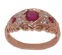 LetsBuyGold Solid 9ct Rose Gold Natural Ruby & Diamond Vintage Style Band Ring - Size N 1/2