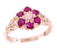 LetsBuyGold Victorian Ladies Solid 9ct Rose Gold Natural Fiery Opal & Ruby Daisy Ring - Size Q