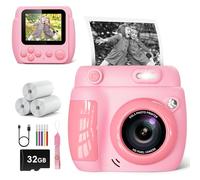 LETSHAHA Children's Instant Camera 1080P 20MP 2.4 Inch Children's Camera Instant Camera with 3 Rolls Black White Printing Paper, 32GB Card, Gift Children from 7 8 9 10 11 12 Years