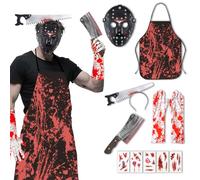 LETSHOLD Men's Halloween Costume, Horror Butcher Costume with Bloody Apron, Horror Accessories Set for Halloween Carnival Party (Black)