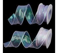 letsinstyle 1.6 Inch x 18 Yards Wired Organza Ribbon, 2 Rolls x 9 Yards Sheer Iridescent Ribbons, Sparkly Fishtail Yarn Trims for Wedding Wrapping Bow Making Bouquet or DIY Easter Crafts