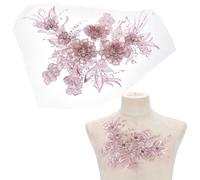 letsinstyle 1 Pcs 3D Embroidered Flower Patch, 8.66" x 13.39" Beaded Rhinestones Pearl Lace Applique, Pink Floral Motif Cloth Collar Sewing Patches for Wedding Dress Decor DIY Crafts