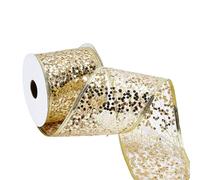 letsinstyle 10 Yards Metallic Sequin Glitter Web Ribbon, 2.4 Inch Sparkling Mesh Wired Edge Ribbons, Golden Christmas Sequins Satin Ribbon for Party Wrapping Home Decorations Wedding