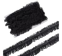 letsinstyle 10 Yards Ruffle Lace Trim, 1.49 Inch Floral Embroidered Tulle Trims, Black Gathered Pleated Edging Trimmings for Sewing Craft Wedding Bridal Dress Cake Card DIY Decoration
