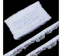 letsinstyle 11 Yards 1.18 Inch Lace Pleated Sequin Trims, White Elastic Ruffled Sequin Edge Ribbon, Organza Sheer Beaded Gathered Trim for Sewing Cloth Embellishment Party Decoration