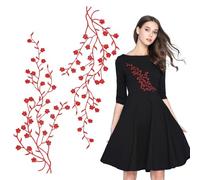 letsinstyle 2 Pcs Plum Flower Lace Appliques, 13.7 Inch in Length Flower Blossom Iron on Patch, Red Leaf Vines Embroidered Patch for Sewing Repair Embroidered Craft Decoration