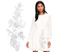 letsinstyle 2 Pcs Rhinestone Flower Lace Appliques, Sequins Beaded Embroidery Patch, White Floral Embroidered Applique Luxury Bead Sewing Patch for Wedding Bridal Gown Clothing Decor