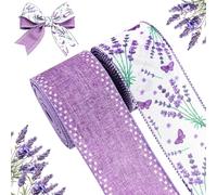 letsinstyle 2 Rolls 10 Yards Floral Wired Edge Ribbon, 2.48 Inch Lavender Purple Burlap Wired Ribbons, Butterfly Burlap Craft Ribbon Set for Farmhouse Party DIY Spring Wreaths Bow Decoration