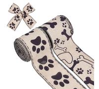 letsinstyle 2 Rolls Paw Print Wired Edge Ribbon, 5 Yard Dog Bone Pattern Fabric Ribbon Animal Pattern Print Ribbon, Pet Themed Craft Ribbon for Puppy Party Decoration Farmhouse Wreath Gift Wrapping