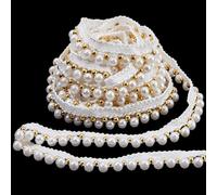 letsinstyle 5 Yard White and Gold Pearl Lace Trim, 15 mm Wide Fringe Beaded Ribbon Sewing Glitter Beads Woven Applique Edge Trim, Faux Pearls Ribbon for Wedding Dress Decorations and DIY Crafts