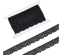 letsinstyle 5 Yards Black Stretch Lace Trim, 0.98 Inch Crochet Floral Pattern Elastic Ribbon, Vintage Tulle Embroidered Wavy Edge Trims for Sewing Gift Package Wrapping Flower Designing