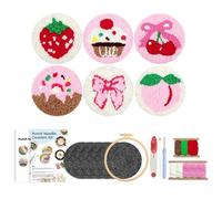 letsinstyle 6 Pcs Punch Needle Coaster Kit, DIY Easy Needle Embroidery Kits with Patterns Tools Yarns Hoop Instruction, Fruit Cake Needling Punching Project for Beginners and Adults