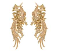 letsinstyle Gold Rhinestones lace Applique, Beaded Crystal Patches Sparkly Sewing Floral Appliques, Handmade Golden Sew on Patch for Bridal Dress Clothing DIY Crafts